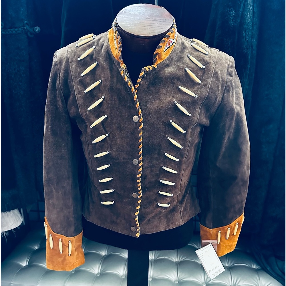 3B West by Tansmith Vintage Suede Leather Jacket w/ Beaded Collar and Bone Beads